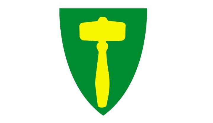 Rindal kommunes kommunevåpen. En gul ordførerklubbe på grønn bunn.