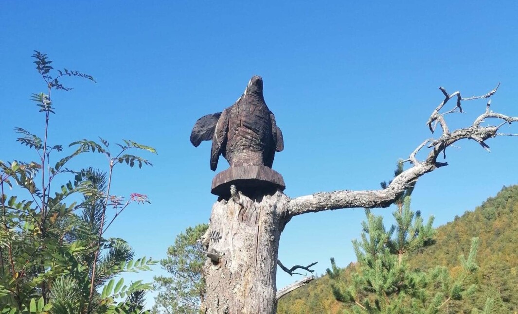 Treskulptur av Ove Magne Åsen. Slike finnes det flere av i Kvenndalen Treskulptur av Ove Magne Åsen. Slike finnes det flere av i Kvenndalen