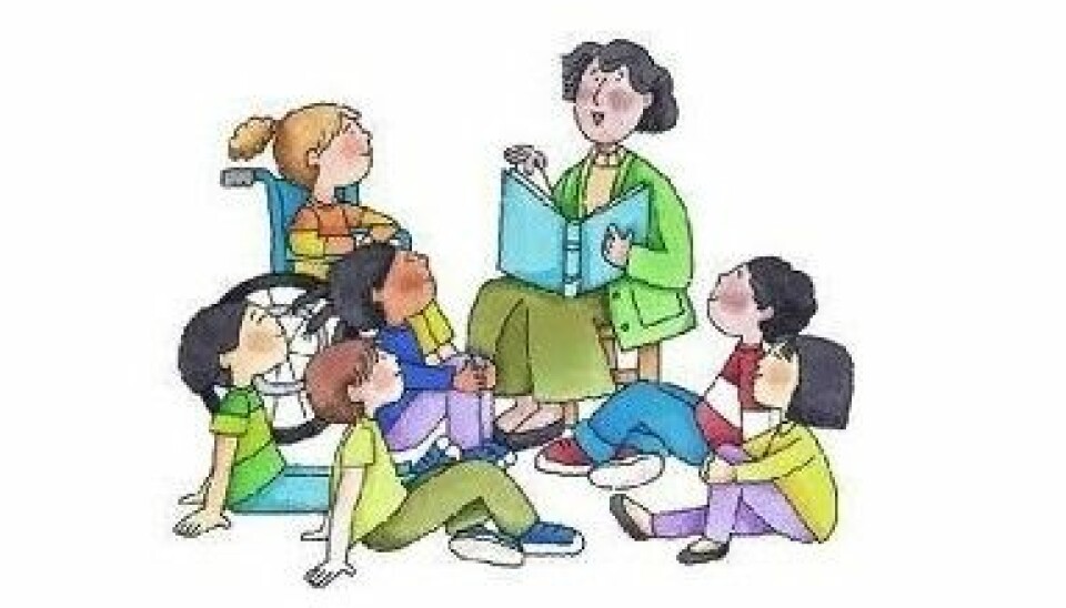 Tegning av en voksen som leser til barn i en sirkel
