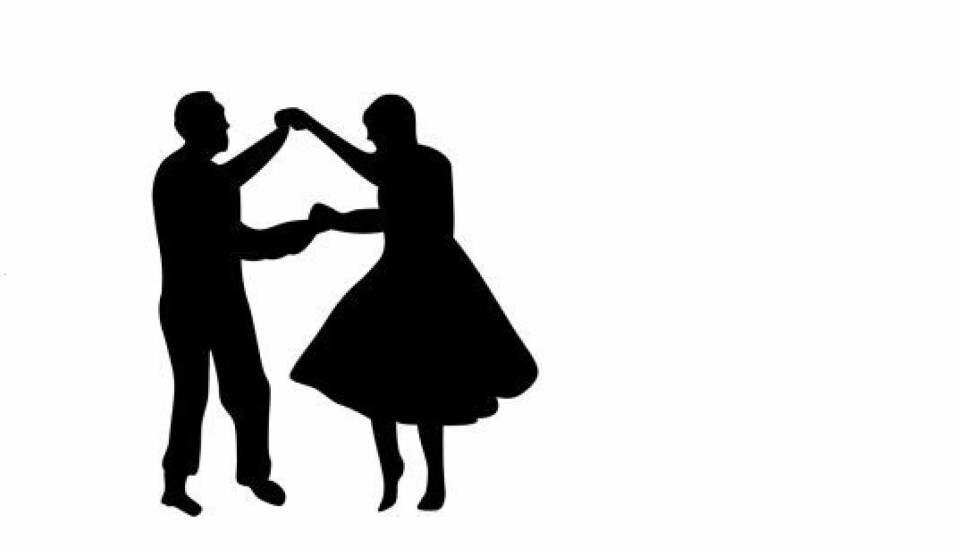 En svart silhuett av en mann og ei kvinne som danser swing