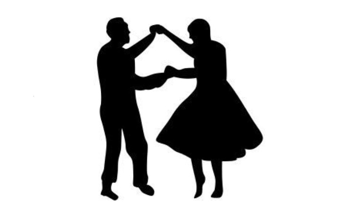 Dans deg glad i Sagatun En svart silhuett av en mann og ei kvinne som danser swing