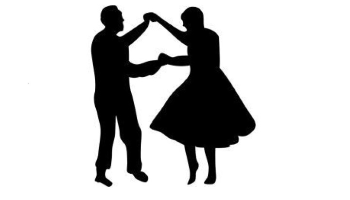 Dans deg glad i Sagatun lørdag 8. juni En svart silhuett av en mann og ei kvinne som danser swing