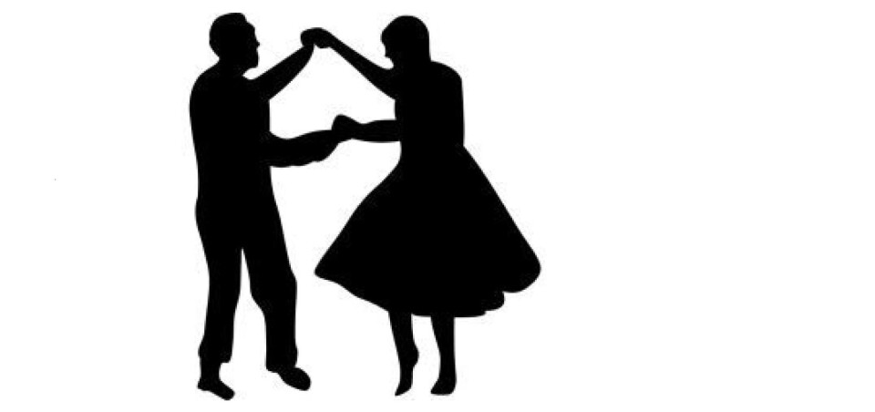 Dans deg glad En svart silhuett av en mann og ei kvinne som danser swing