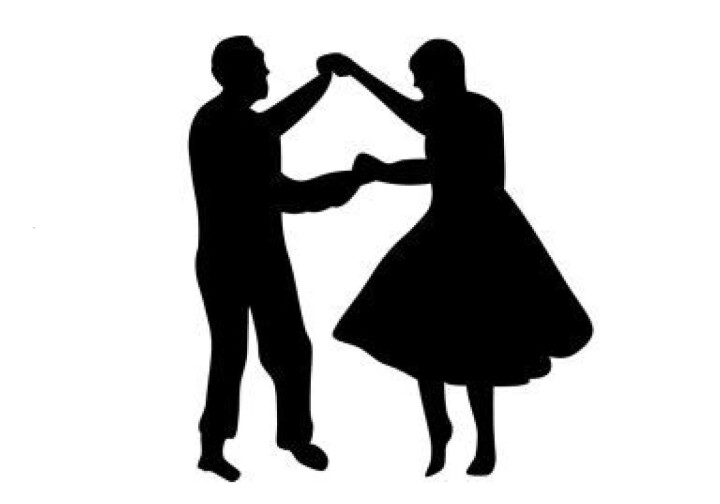 Dans deg glad i Toneheim En svart silhuett av en mann og ei kvinne som danser swing