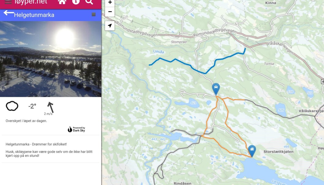 <p>Dette er et bilde fra nettsiden www.loyper.net. Den blå løypa viser hvor tråkkemaskina har kjørt, og fargen sier deg hvor lenge siden det er kjørt. Her kan du også se hvor løypa starter og hvor løypa krysser veien til Helgetunmarka.<br></p><p><br></p> <p>Dette er et bilde fra nettsiden www.loyper.net. Den blå løypa viser hvor tråkkemaskina har kjørt, og fargen sier deg hvor lenge siden det er kjørt. Her kan du også se hvor løypa starter og hvor løypa krysser veien til Helgetunmarka.<br></p><p><br></p>