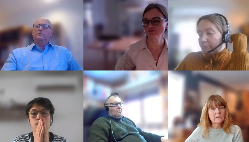 Formannskapet i Surnadal gjennomførte møtet via Microsoft Teams. Øverst frå venstre og med klokka: kommunedirektør Knut Haugen, ordførar Margrethe Svinvik (Sp), Rakel Polden (Ap), kultursjef Lilli Husby, varaordførar Hugo Pedersen (Sp) og Eli Vullum Kvande (MDG).
