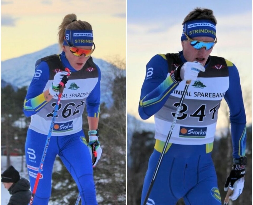 To skiløperer på hvert sitt bilde. Begge med blå drakt.