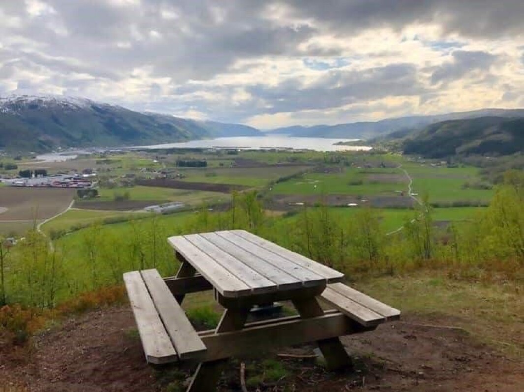 Benken slik den sto på Høgberget. Her kunne turgåere sitte og nyte utsikta over nedre Surnadal. Benken slik den sto på Høgberget. Her kunne turgåere sitte og nyte utsikta over nedre Surnadal.