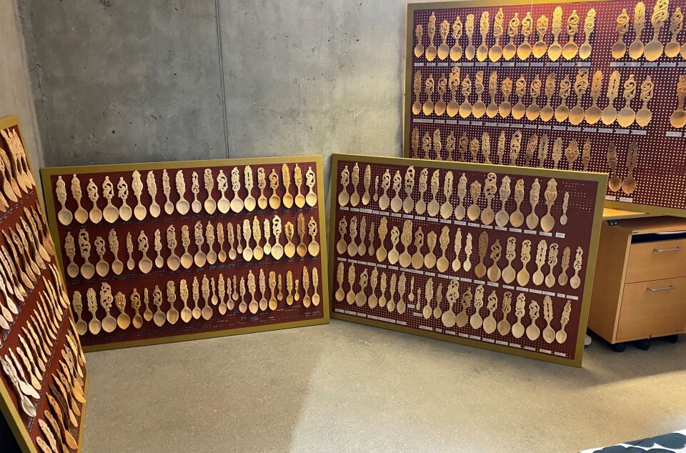 Noen av treskjeene som Gunnar Hegviks etterkommere har gitt i gave til skimuseet/Rindal kommune.