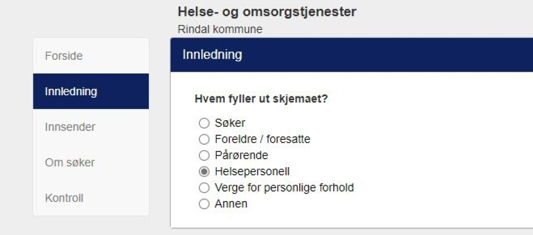 Ved søknad om helse- og omsorgstjenester kan man hake av for hvilken rolle man har. Ved søknad om helse- og omsorgstjenester kan man hake av for hvilken rolle man har.