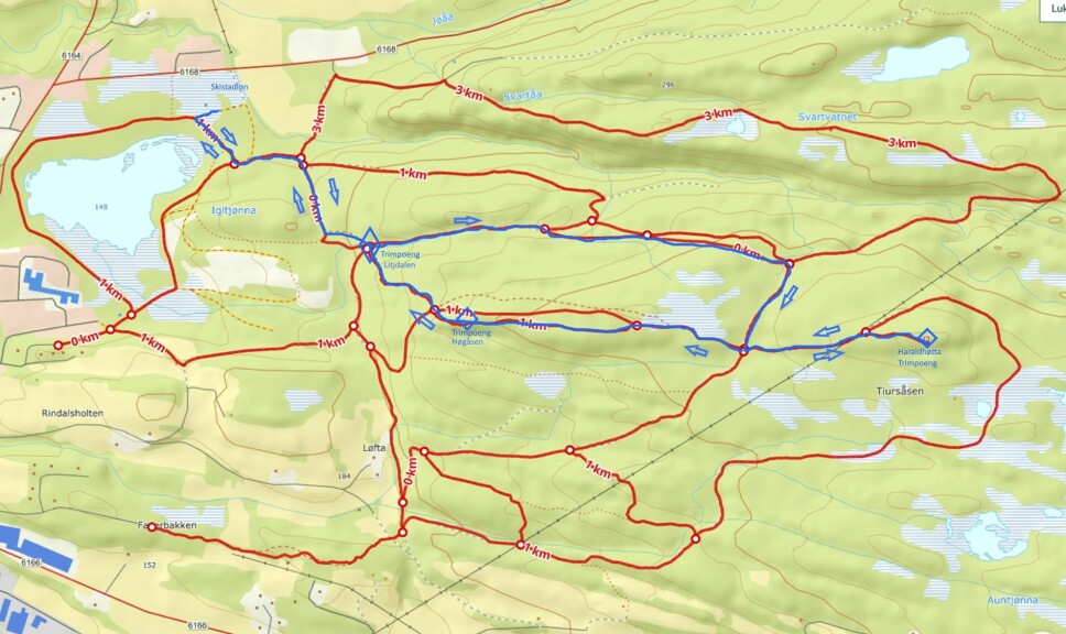 Kart over stiene fra Igltjønna og oppover Åsan. Ruta under Harald Solviks minnemarsj er markert med blått. Trimpoeng Litjdalen og Høgåsen er tilgjengelig kun denne dagen.