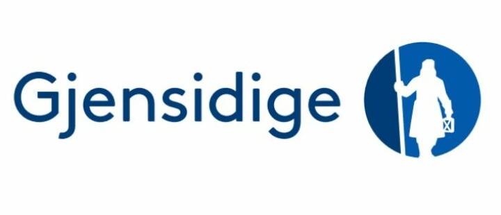 Logoen til forsikringssselskapet Gjensidige. Sammen med teksten en blå sirkel med silhuetten av en gammeldags vekter med stav inni.