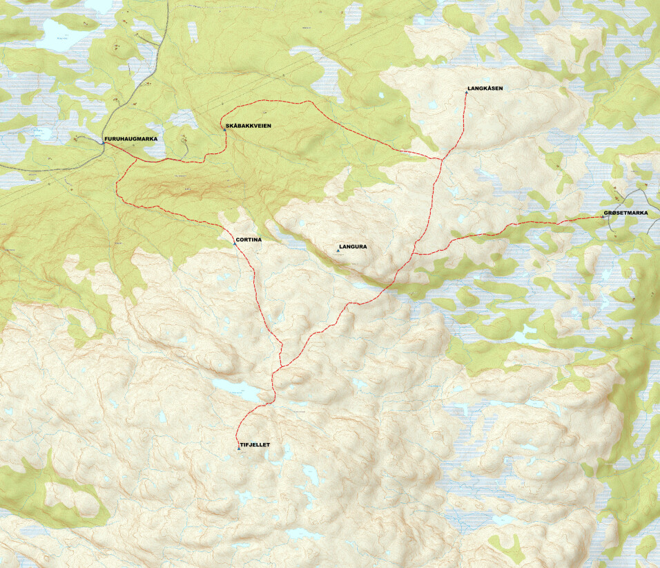 Kart over de merka stiene til Langkåsen og Tifjellet, med startpunktene Grøsetmarka og Furuhaugmarka. laget av Rune Løfald i Turstigruppa.