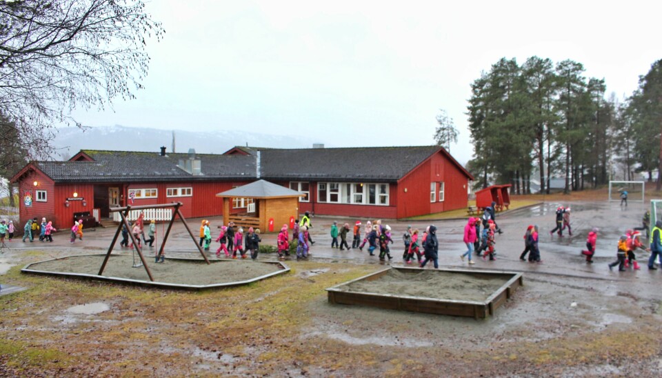 Elevene på vei fra rødskolen, hvor barnetrinnet har klasserommene sine. Her holder også Rindal Barnehage og SFO til.