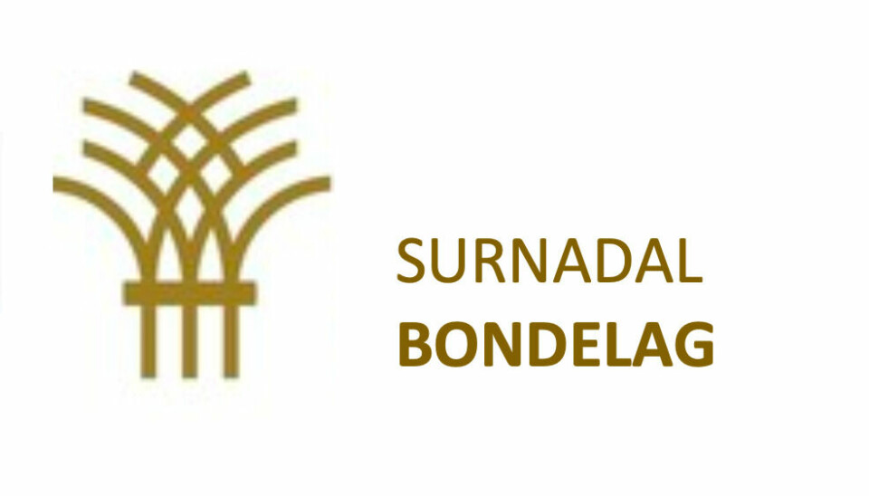 Hvit og gul/brun logo med et mønster først, og ved siden av står det 'Surnadal' øverst og 'bondelag' under.