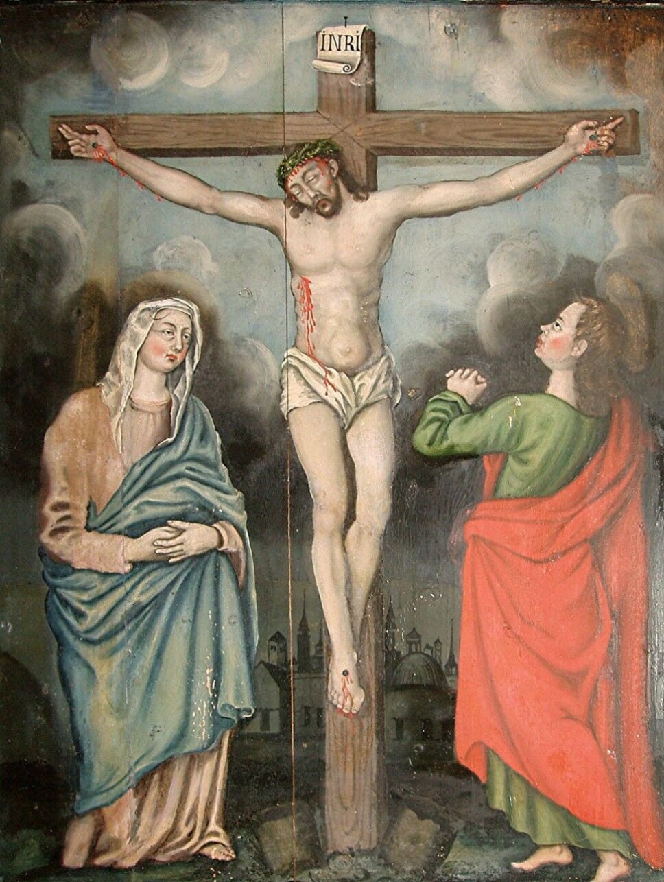 Langfredag: Såkalla «kalvarie-gruppe» på Grane-tavla, opprinneleg frå Dolstad: Maria, Jesus og Johannes.