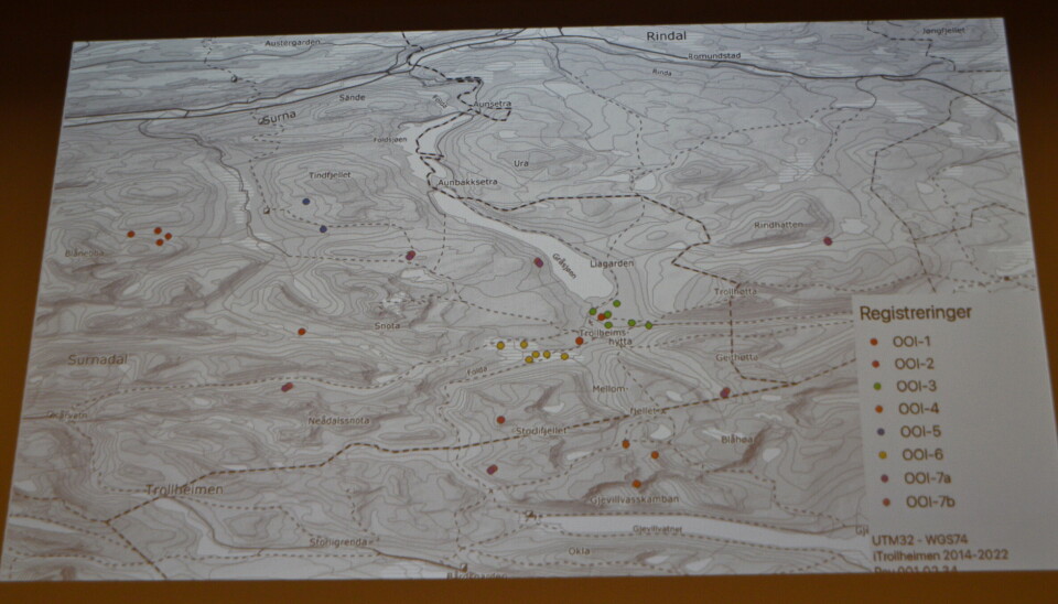 Kart som angivelig viser observasjoner av ulike individer i Trollheimen. Det ser ut til å være åtte av dem.
