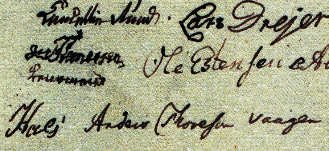 Anders Thoresen Vaagen, bror til barnet i vogga, var blant underskrivarane på prinsebrevet frå Stangvik 11. mars 1814. Signaturens hans er nedst til høgre.