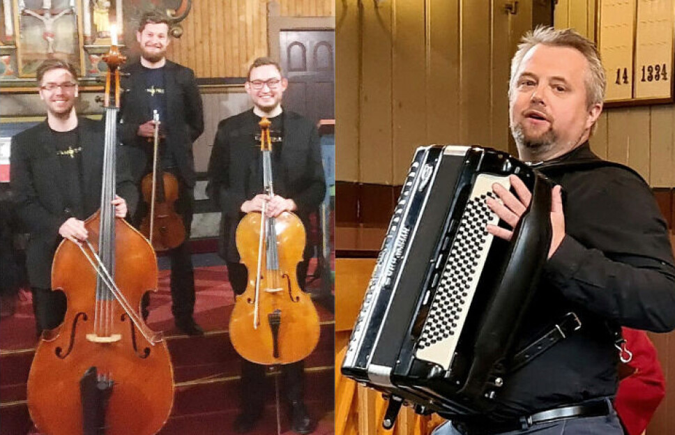 Trio No Treble i Stangvik-kyrkja ved eit tidlegare høve. Frå venstre Jostein Bolås Brødreskift, Lars Hølås og Eivind Rossbach Heier. (Foto: Bernt G. Bøe) / Ronny Kjøsen – her under fjorårets Jonsvaka i Åsskard kyrkje. (Foto: Bernt G. Bøe)