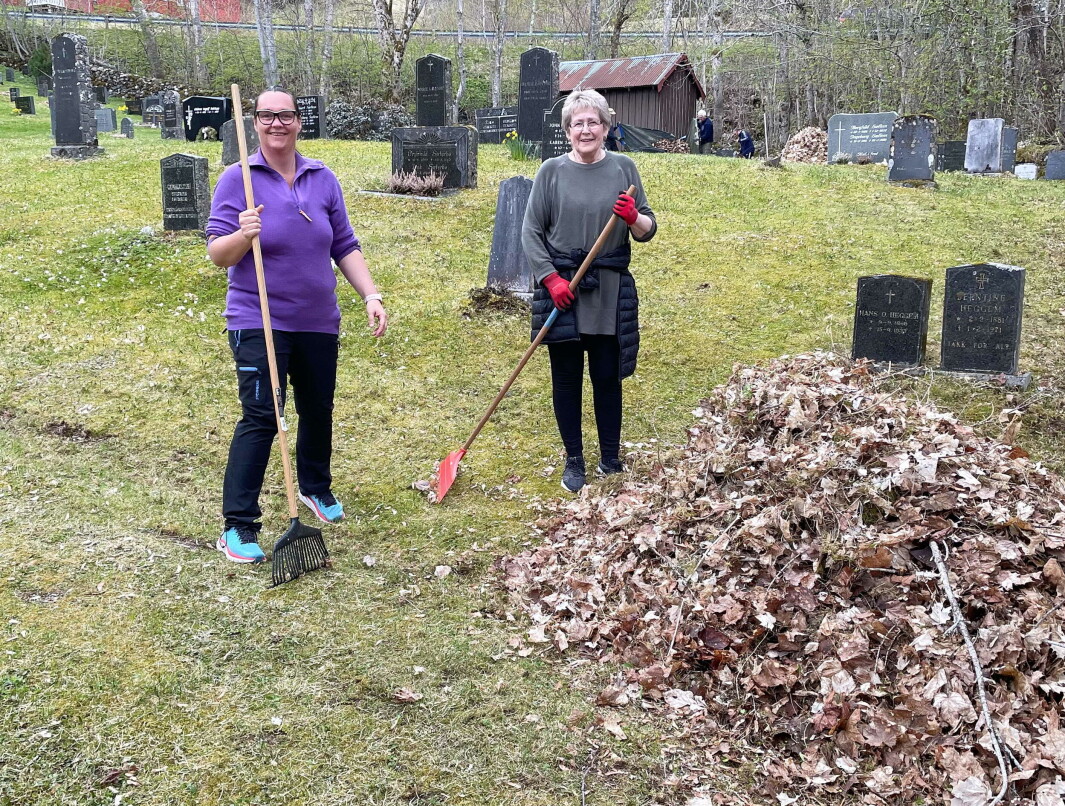 Rikeleg lauv å ta av på Gammelkyrkjegarden, konstaterer Heidi Solem (t.v.) og Tobjørg Settem. Men humøret er likevel på topp. Rikeleg lauv å ta av på Gammelkyrkjegarden, konstaterer Heidi Solem (t.v.) og Tobjørg Settem. Men humøret er likevel på topp.