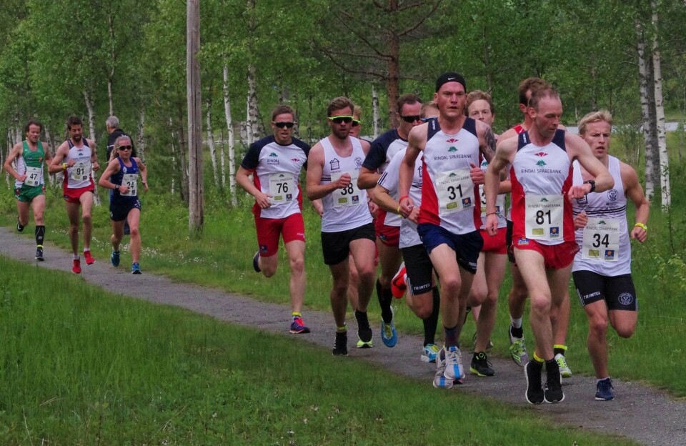Trollheimsløpet. Ei stor gruppe med løpere med startnummer som løper på en skogssti.