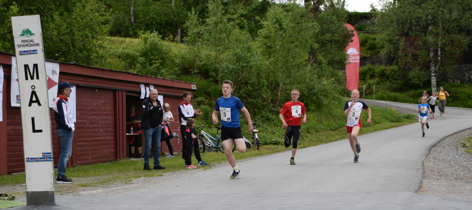 De yngste løp 1 km, og det ble ikke stor spredning i feltet før de kom i mål. Lars Håkon Halle (Surnadal IL), G14, Odin Olsson Selnes (Lensvik IL), G14, Anna Børset (Rindal IL), J12, og Per Emil Røen (Surnadal IL), G11.