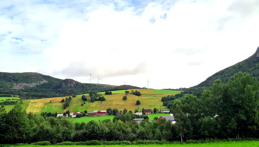 Vuttudalen i Orkland, tidlegare Snillfjord, med vindmøller Vuttudalen i Orkland, tidlegare Snillfjord, med vindmøller