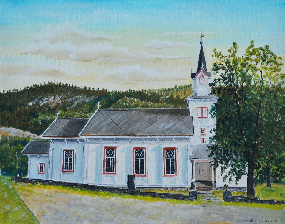 Åsskard kyrkje. Måleri av Sigrun Hesjehagen.