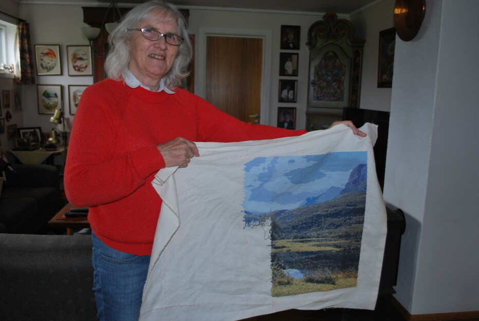 Innerdalstårnet: Oddny held no på med eit broderi frå Innerdalen, det skal sonen hennar Paul Martin få i 50-årsgave. - Eg og Paul Martin har vore på Innerdalstårnet, fortel Oddny. Ho tykkjer difor at det passar ekstra godt med eit bilde derfrå. Ho har sjølv teke bildet ein annan gong ho var i dalen.