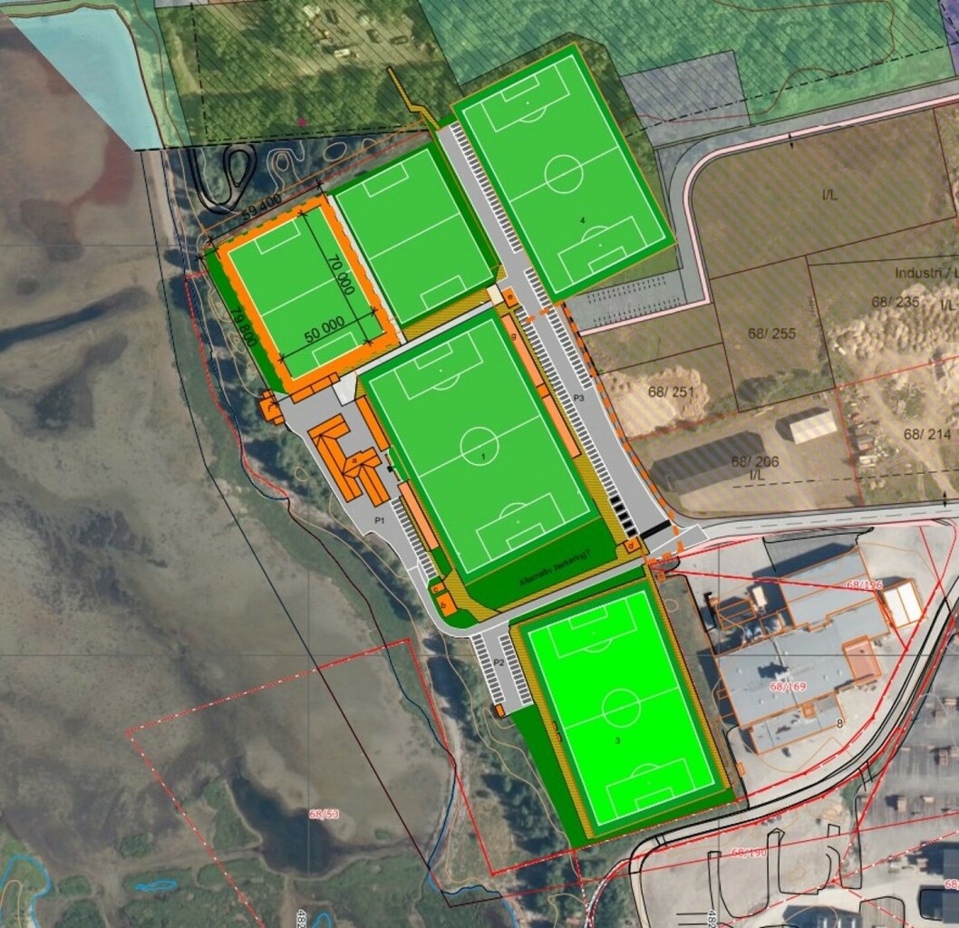 Hvis alt går som det skal bygges det fotballhall på vestsiden av dagens gressbane, Syltøran 2. Den inntegnede banen til nordøst (øverst til høyre) er plan B i tilfelle dagens kunstgressbane, Amfi Park, selges. Hvis alt går som det skal bygges det fotballhall på vestsiden av dagens gressbane, Syltøran 2. Den inntegnede banen til nordøst (øverst til høyre) er plan B i tilfelle dagens kunstgressbane, Amfi Park, selges.