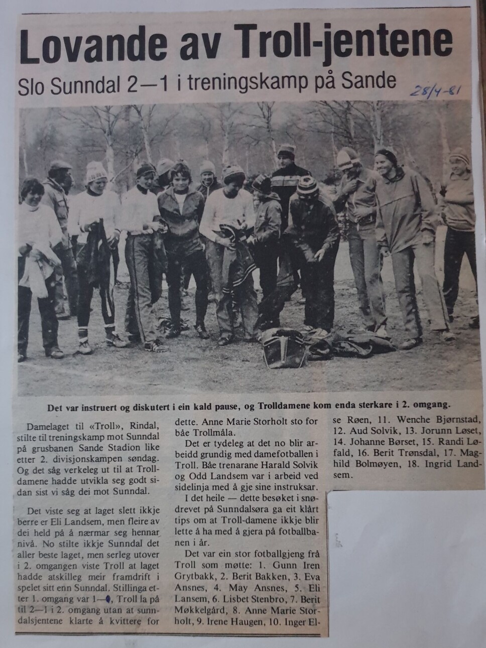 Faksimile frå Driva 28. april 1981 med reportajse frå same kamp. Driva hadde eit litt anna fokus enn TK.