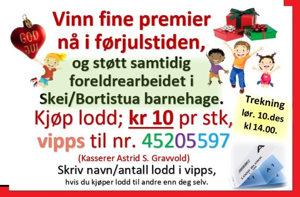 Bidra gjerne med støtte til FAU-arbeidet, ved å kjøpe lodd i dag, via vipps. Trekning i lørdag 10.des kl 14. Fine premier.