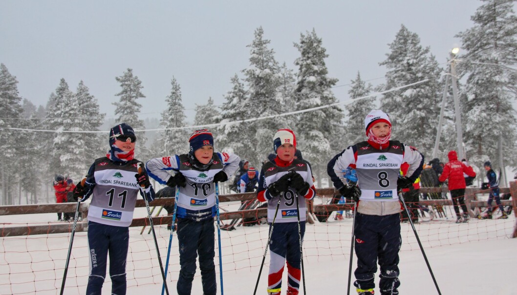 Skiløpere i klassen G 9 år. Nr 11 - Elian Holmvik, Byåsen IL, nr 10 - Erik Johannes Midtflå Jønland, IL Leik, nr 9 Hans Peter Brøndbo Haugan, Meldal IL og nr 8 Peder Sande, Rindal IL.