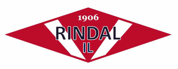 Rindal IL sin logo. Rød og hvit bakgrunn, 'Rindal IL' i blå skift, og årstallet 1906 i hvitt over.