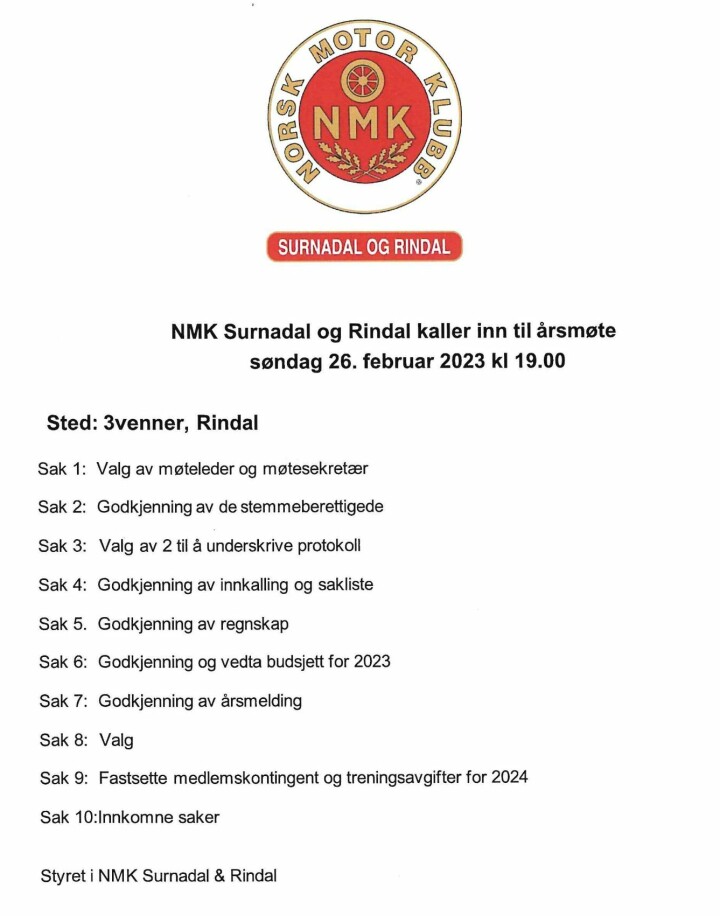Innkalling og sakliste til årsmøte i NMK Surnadal og Rindal