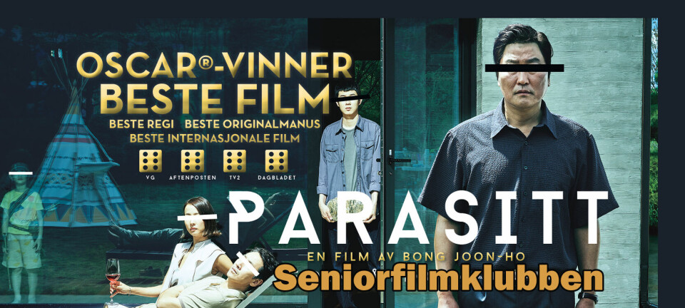 Filmplakat fra den Sør-Koreanske filmen 'parasitt'.
På denne ser vi fem mennesker med sensurerte øyne.
