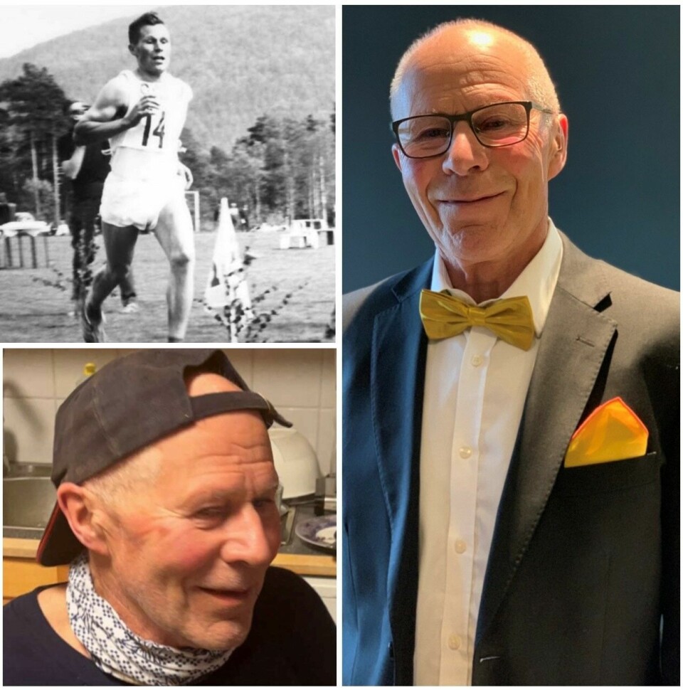 Fotomontasje med to portrettbilder av en eldre mann, og et gammelt bilde i svart/hvitt hvor han løper med startnummer på brystet.