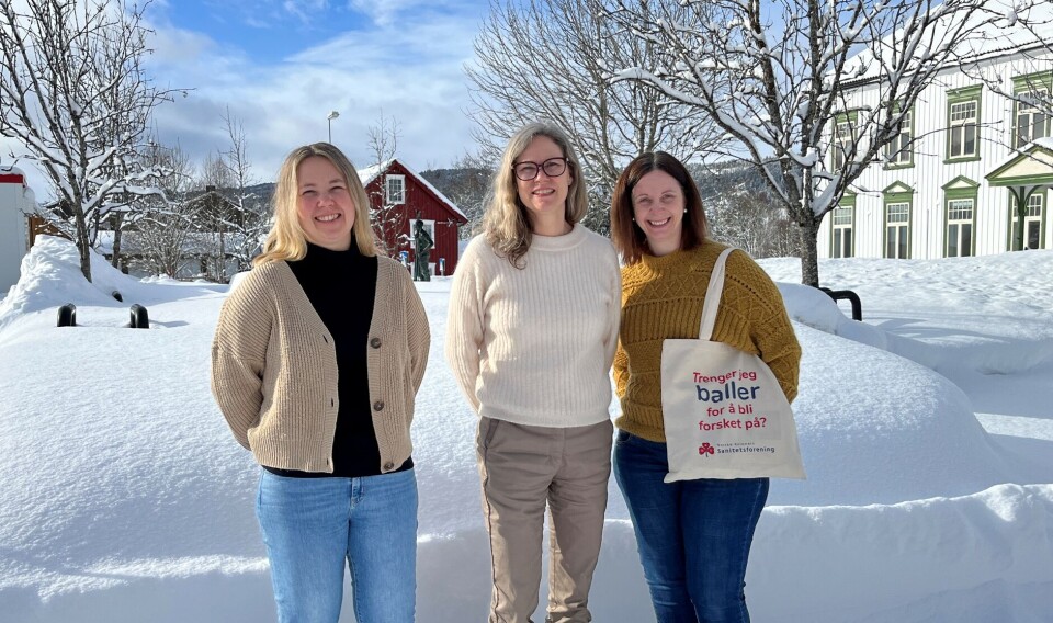 Marie Løfald Hønsvik, Gro Magnhild Brønstad og Hanne Haltli vil informere innbyggerne så godt som mulig om Helseplattformen. Tre smilende damer som står på en parkeringsplass med snø i solskinn. I bakgrunnen noen trær og et par hus.