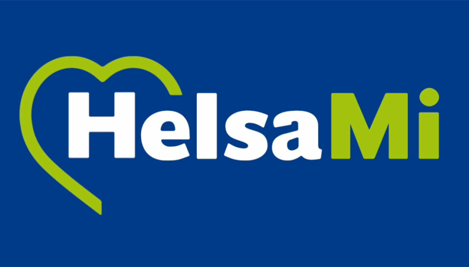 Logoen til appen HelsaMi. Blå bakgrunn. Hvit og grønn skift, og en del av et hjerte rundt H'en.