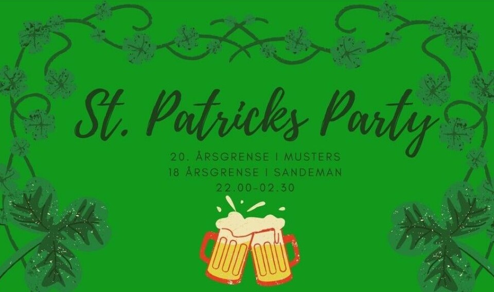 Plakat for St.Patricks party. Grønn med blader rundt og to ølglass som skåler