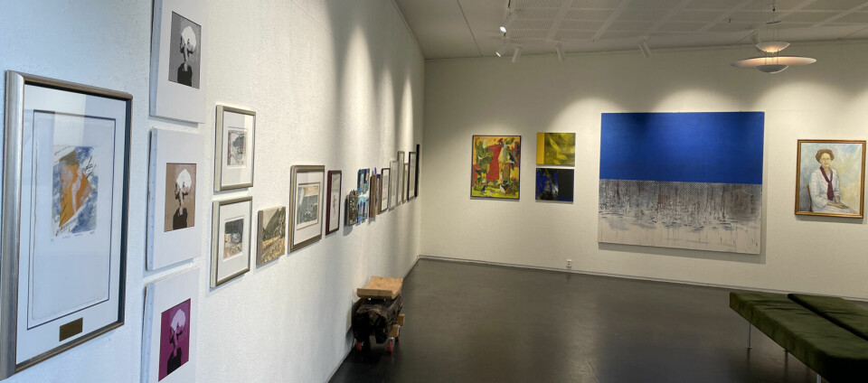 Bilde fra galleriet med mange bilder i forskjellige størrelser som henger på veggen.