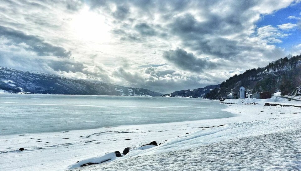 Kalkstranda Snødekt strand med kald sjø foran seg
