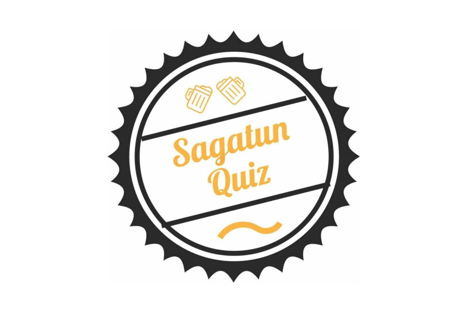PubQuiz på Sagatun 12. oktober En rund logo med påskrift Sagatun Quiz. Blant annet med to ølglass.