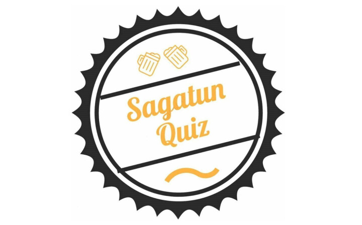 Pubquiz på Sagatun En rund logo med påskrift Sagatun Quiz. Blant annet med to ølglass.