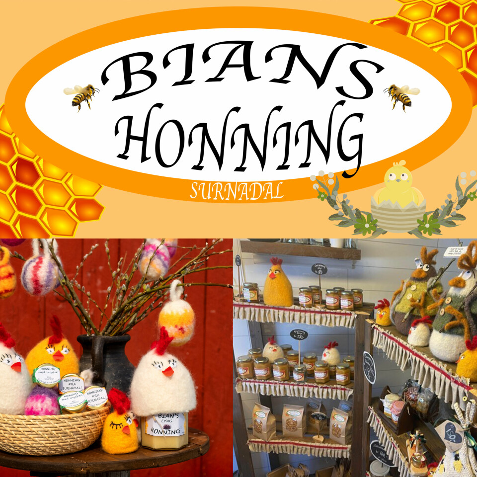 Diverse påskepynt og logoen til Bians honning