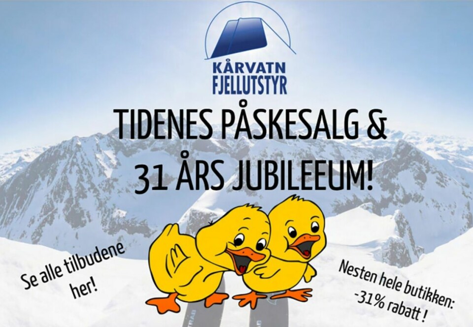 Plakat med påskekyllinger og logoen til Kårvatn fjellutstyr
