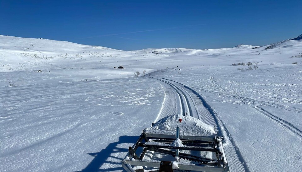 sporlegger bak skuter, fin løype, opent fjellterreng