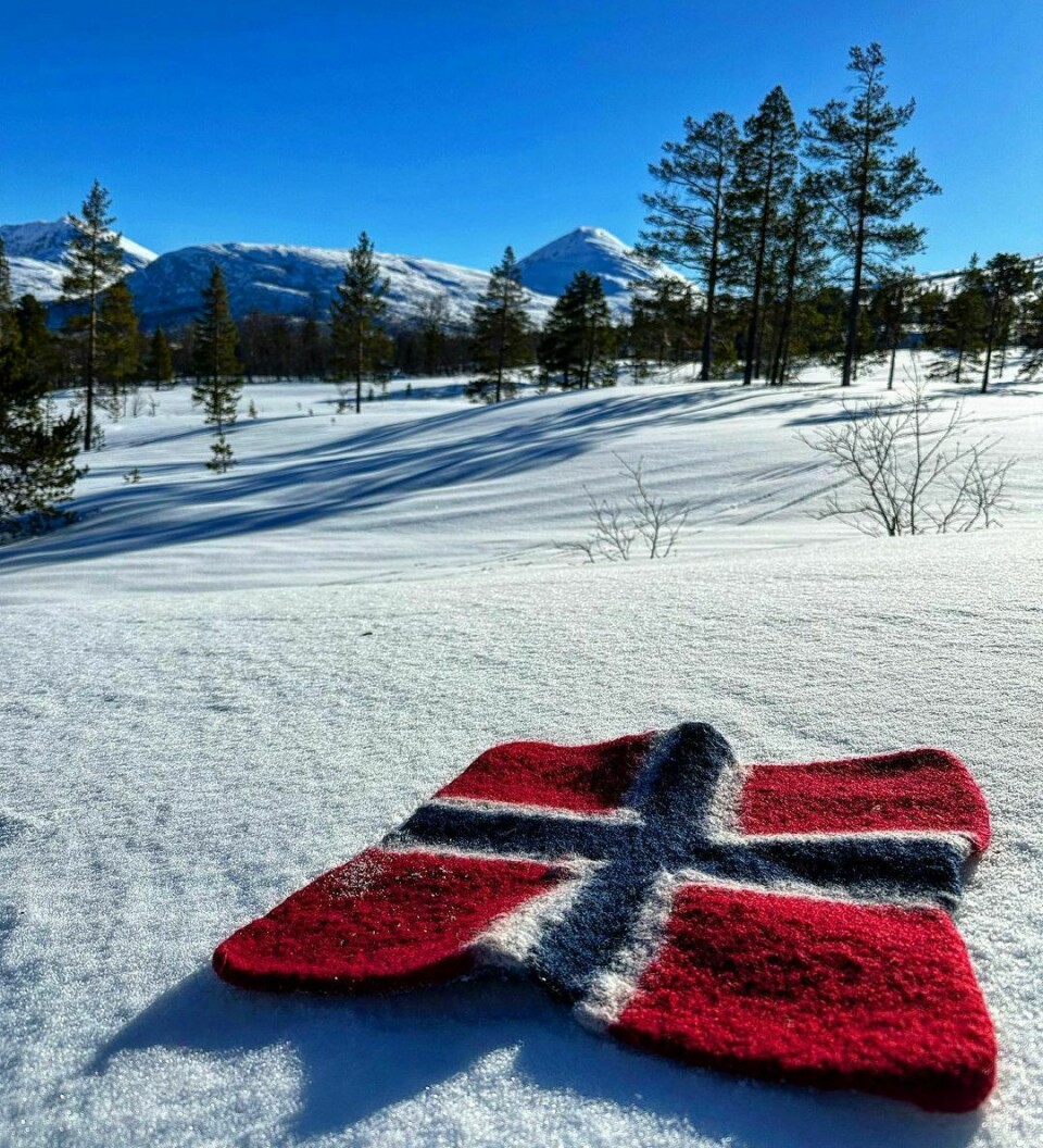 Et tovet sitteunderlag som ser ut som et norsk flagg ligger på snøen i et vakkert snølandskap med litt skog og fjell i bakgrunnen.