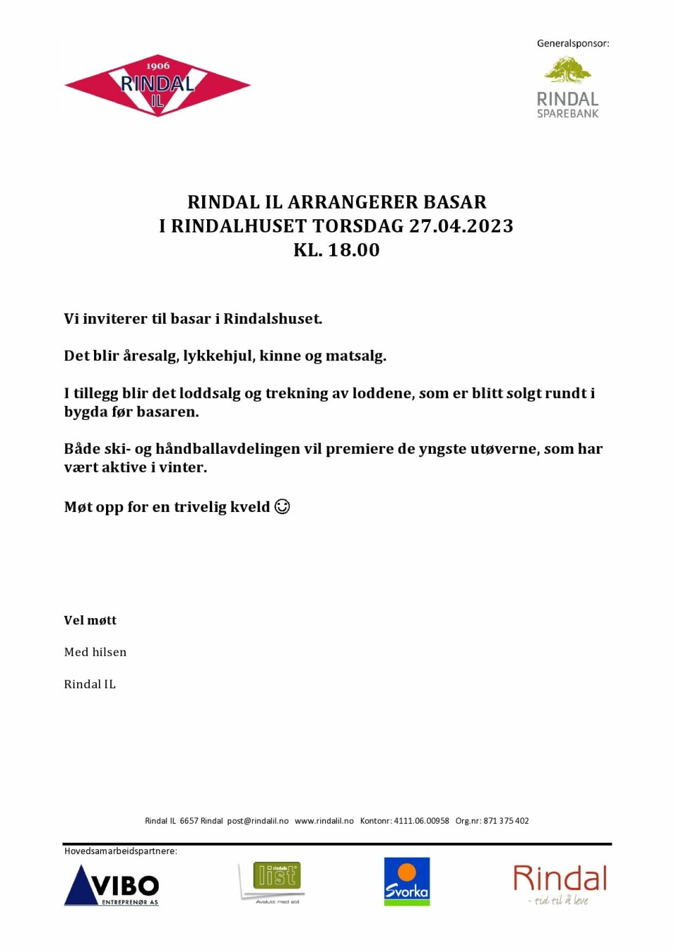 Plakat av invitasjon til basar fra Rindal IL