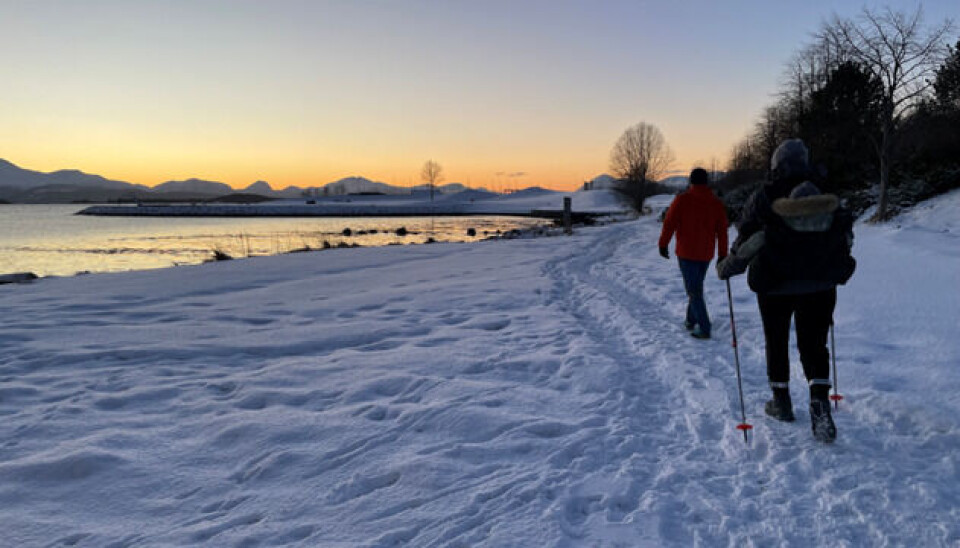 To mennesker går på snøen til fots ved sjøen, det er solnedgang bak fjellene i bakgrunnen